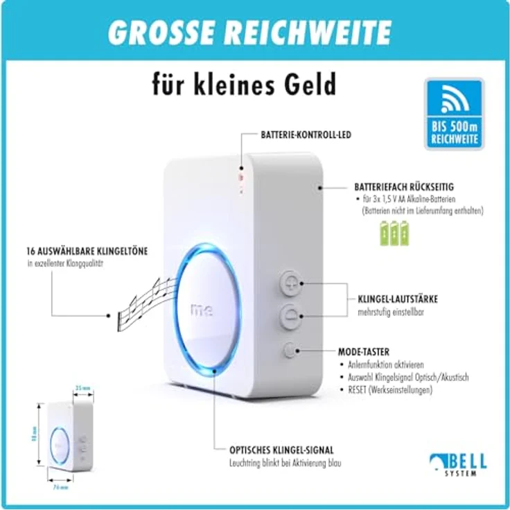 m-e Funkklingel BELL-523 BO, Edelstahl Anthrazit, Erweiterbare kabellose Türklingel mit 300 Meter Reichweite für 3-Familienhaus, Batterie betrieben, 16 Klingeltöne, IP44 spritzwassergeschützt – Bild 3