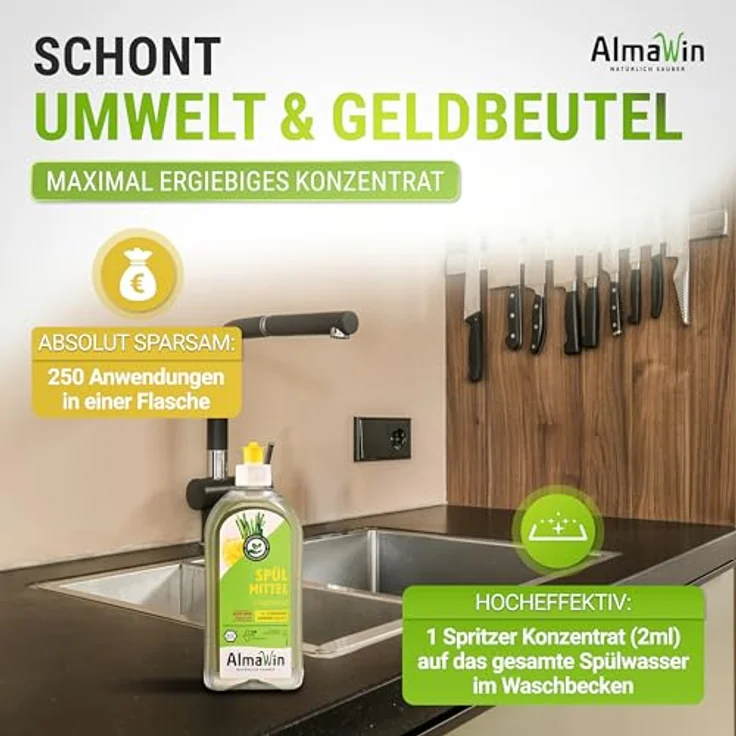 Almawin Spülmittel Zitronengras 500ml, hochkonzentriertes Geschirrspülmittel mit frischem Zitrusduft, klimaneutral und vegan – Bild 3