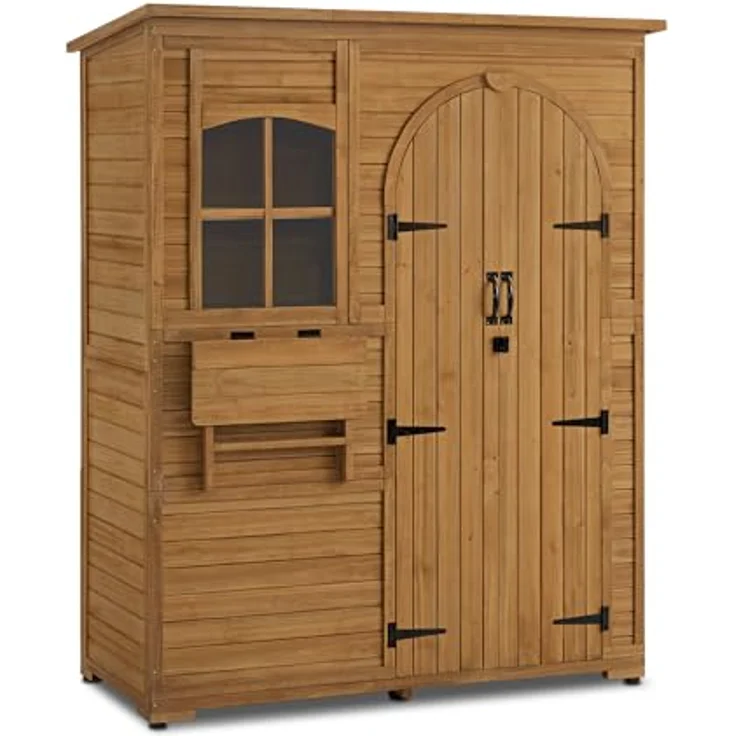 M MCombo Gartenschrank Geräteschuppen Holz Wetterfest, Gartenhaus Outdoor Wasserdicht Begehbar für Außenbereich Balkon Terrasse, Aufbewahrungsschrank mit 3 Regale 73×144×185 cm (Natur) – Bild 1