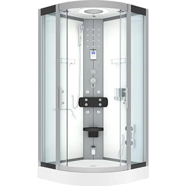 SeniorBad AcquaVapore D58-10T2-EC Dampfdusche, Duschkabine mit 8 Massagedüsen, integrierter Klappsitz, Bluetooth-Player, 90x90 cm, weiß