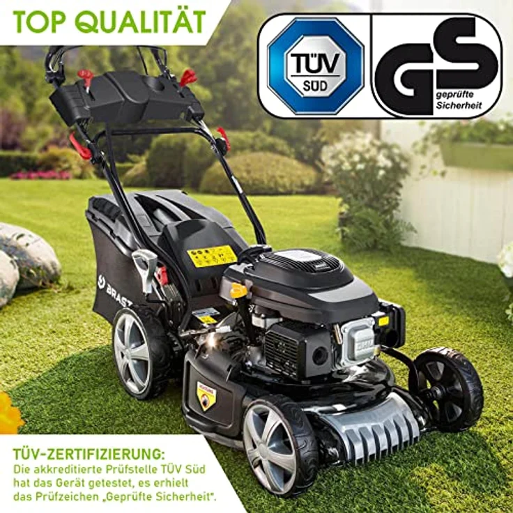 BRAST Benzin Rasenmäher mit Antrieb | 5,2kW(7PS) | Elektrostart | 46cm Schnittbreite | viele Modelle | TÜV | 4 Takt OHV Motor | 30-80mm Schnitthöhe | 60L Fangkorb | Stahlgehäuse | ESTART Speed – Bild 2