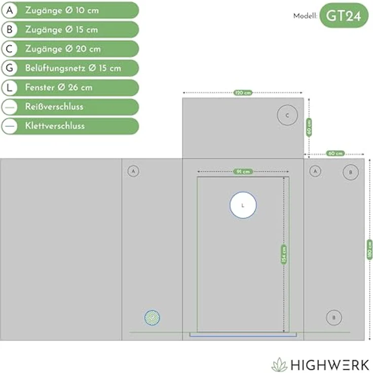 HIGHWERK Growzelt 60 x 120 x 180 cm, indoor Growschrank mit 99,9% Lichtundurchlässigkeit, schwarz-grün, wasserfester Bodeneinsatz, einfache Montage – Bild 2