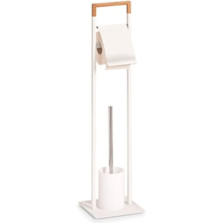 Zeller 18723 WC-Garnitur, Metall/Bamboo, weiß, ca. 19 x 19 x 74,5 cm, Toilettenpapierhalter mit WC-Garnitur, freistehendes Badezimmerzubehör