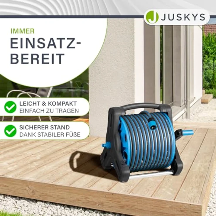 Juskys Schlauchtrommel Basic, 30 m, Multifunktionsbrause, 10 Funktionen, diverse Adapter, Blau/Dunkelgrau – Bild 5