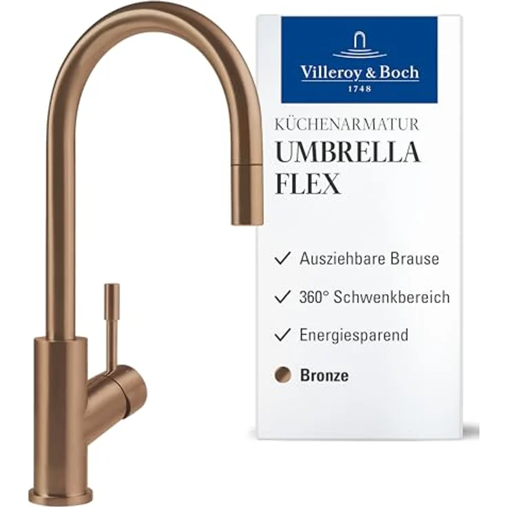 Villeroy & Boch Küchenarmatur Umbrella Flex, Einhebelmischer mit schwenkbarem Auslauf und Schlauchbrause, Bronze – Bild 2