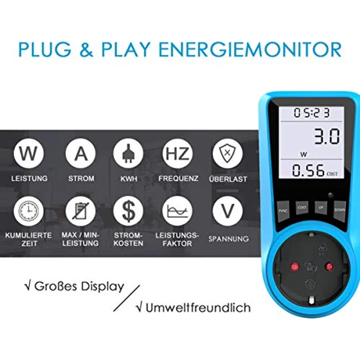 Stromkostenmessgerät, BMK Stromzähler Leistungsmessgerät Energiekostenmessgerät Strommessgerät Steckdose, Leistungsmesser Messgerät mit Größer LCD Bildschirm, Überlastsicherung 3680W (1pcs) – Bild 3
