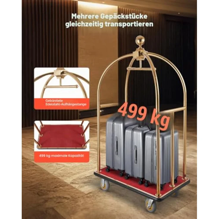VEVOR Hotelgepäckwagen, Edelstahl-Pagenwagen mit 500 kg Tragkraft, rotem Teppichboden und 15 cm Gummirädern, ideal für Hotels und Resorts – Bild 2