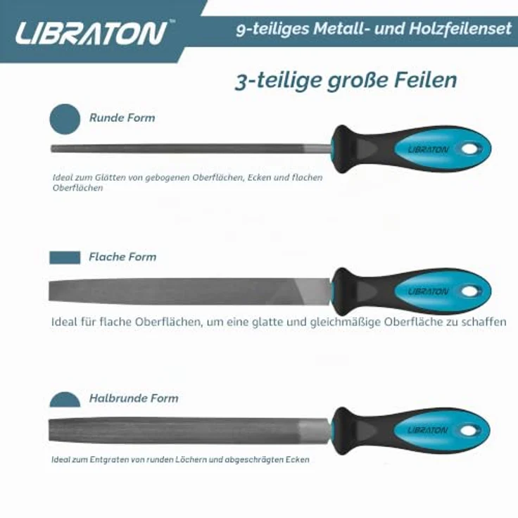 LIBRATON 9 tlg Feilen Set, Metallwerkstattfeilen mit ergonomischen Gummigriffen, inkl. halbrunde, runde und flache Feilen sowie Nadelfeilen in Segeltuchtasche – Bild 4