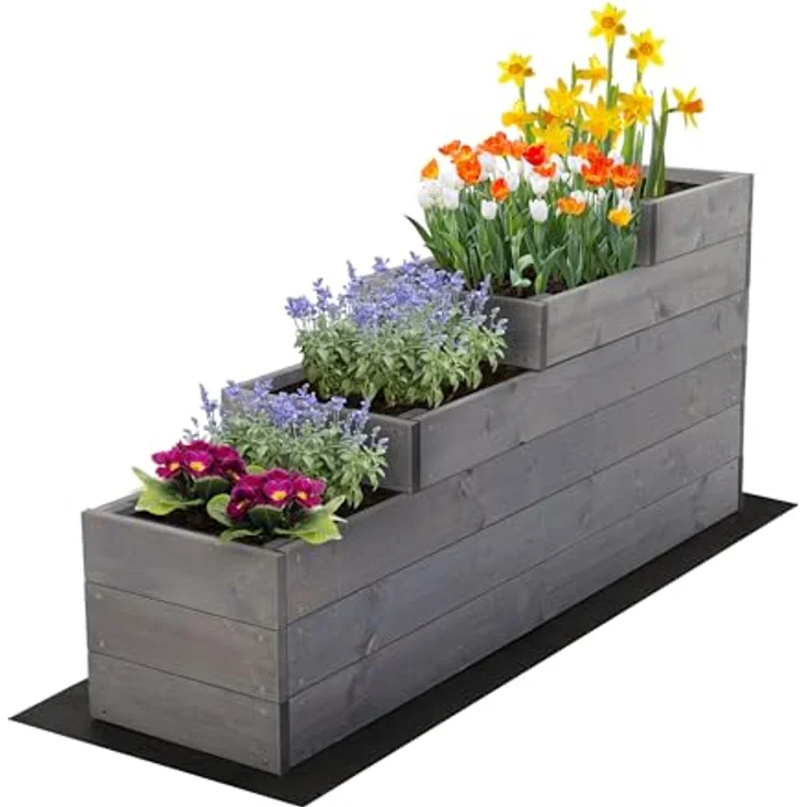 MODO24 Hochbeet Holz, 4-stufiger Pflanzkasten für Gemüse und Kräuter, mit Gartenvlies, Abmessungen 54x30x120 cm, Farbe: Grau – Bild 1