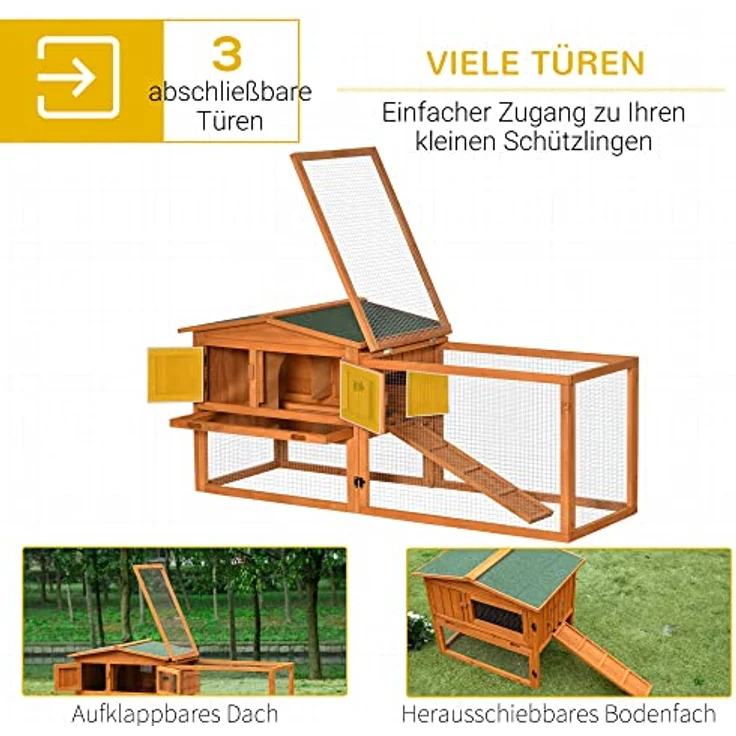 PawHut Kleintierstall Tannenholz Kleintierhaus mit Asphaltdach Kleintierkäfig mit Bodenwanne und Rampe Gehege Outdoor Indoor Orange 156 x 58 x 68 cm – Bild 4