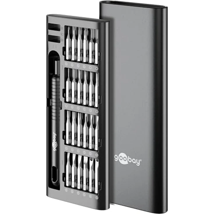 goobay 48 in 1 Schraubendreher Set, Tragbares Mini Werkzeug mit robustem Aluminium-Case, Präzisions-Bitsatz für Reparaturen an Macbook, Laptop, PS4, PS5, iPhone, Uhren und mehr – 77835 – Bild 1