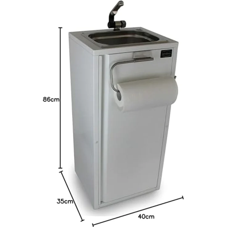 ad-ideen Mobiles Handwaschbecken 230V, Edelstahl-Spüle mit Automatikwasserhahn, Creme Weiß, inkl. Wasserkanister und Papierrollenhalter – Bild 5