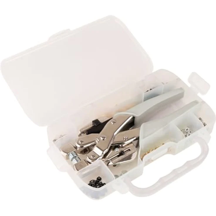 Rayher Loch- und Ösenzange, Universalwerkzeug im Plastikkoffer, inkl. 160 Ösen (3 mm und 5 mm ø) in 4 Farben, präzise Stanze für Papier, Leder und Stoff – Bild 4