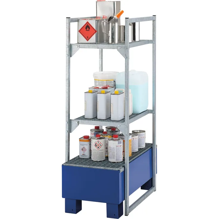 Cemo Regal "120", Kleingebinderegal mit 2 Gitterrostauflagen, feuerverzinkter Stahl, 82 x 131 x 45 cm, korrosionsbeständige GFK-Auffangwanne 65 Liter