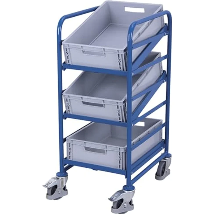 VARIOFIT Eurokastenwagen mit 3 Kunststoffkisten, 2 neigbaren Etagen, 410x610mm, enzianblau, Traglast 200 kg – Bild 1