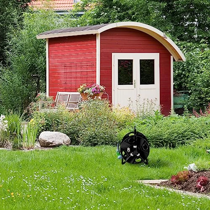 Relaxdays Schlauchtrommel, manuelle Schlauchaufroller für 30 m 1/2" Schlauch, stabiler Stahl-Kunststoff Mix, HBT: 38 x 42 x 31 cm, schwarz-grau – Bild 2