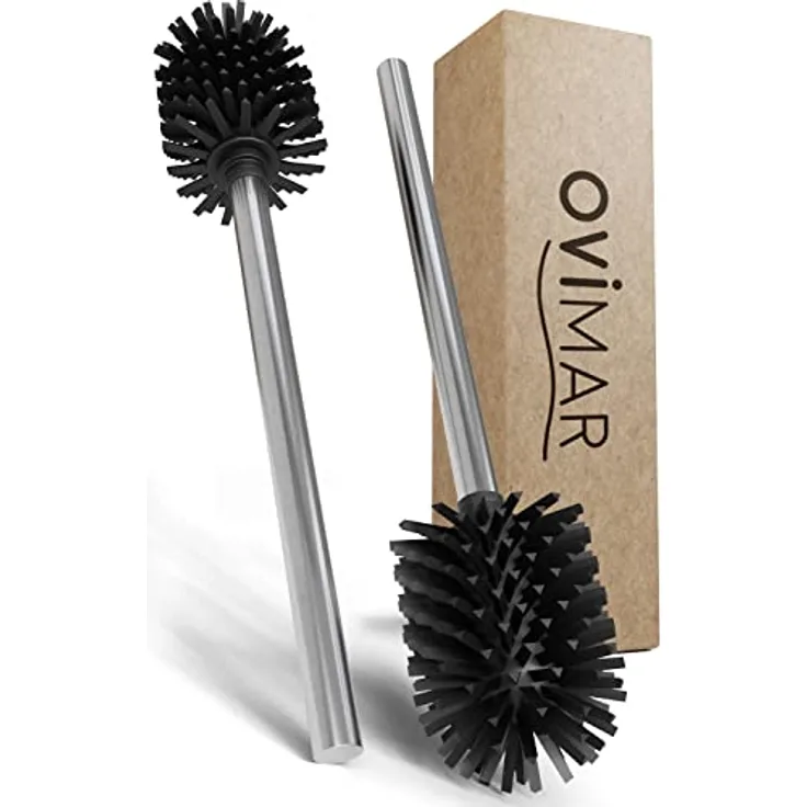 ovimar Ersatzbürste Vesborg | Set 2 Stiele und 2 Bürstenköpfe | Silber | Griff in Edelstahl | Klobürste mit Silikon Bürstenkopf in schwarz | Toilettenbürste mit wechselbarem Bürstenkopf