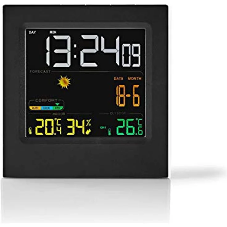 Nedis Wetterstation Uhr WEST404BK, Funkwetterstation mit Farbdisplay, Innentemperatur- und Aussentemperaturmessung, Schwarz/Weiss, mit Wecker und Hygrometer – Bild 1