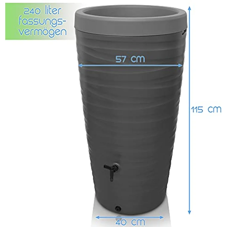 YourCasa Regentonne 240 Liter [Wave Design] Grau - Wasserfass mit 240 Liter Fassungsvermögen und bepflanzbarer Pflanzschale – Bild 5