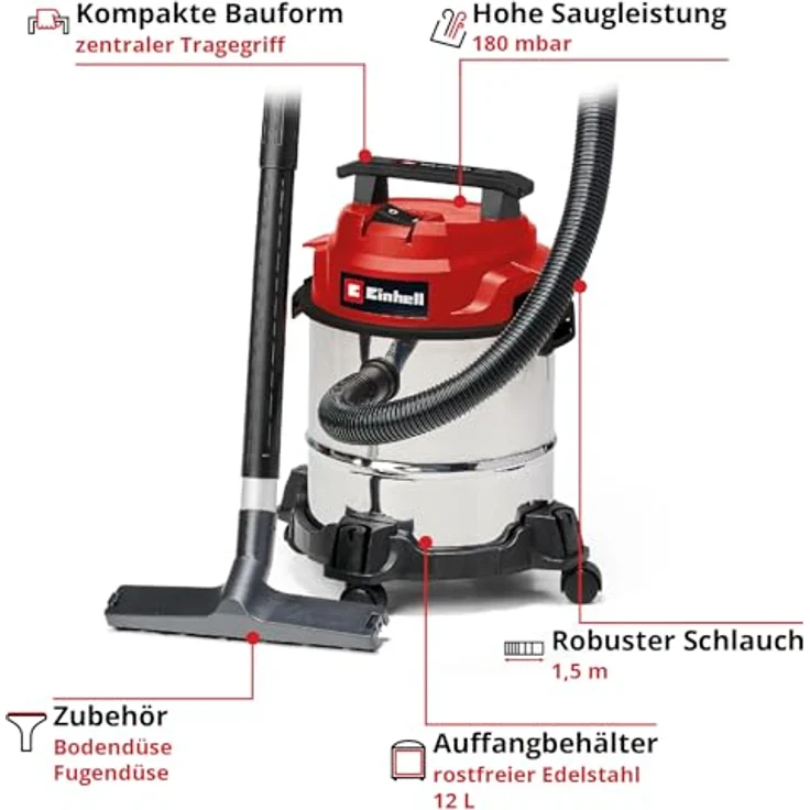 Einhell TC-VC 1812/1 S 2342500, Nass-Trockensauger, 1250 W, Rot/schwarz/Silber – Bild 2