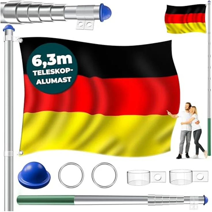 KESSER Aluminium Teleskop Fahnenstange 6,30m Fahnenmast mit Bodenhülse Flaggenmast wetterfeste Deutschlandfahne Mast Silber – Bild 2