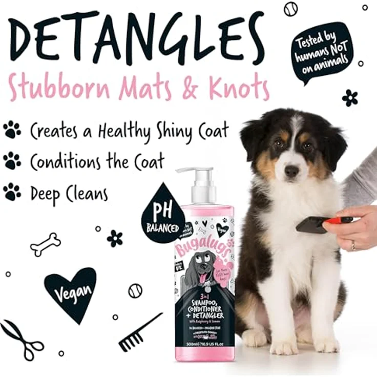 Bugalugs Hundeshampoo 3in1 mit Conditioner und Entwirrer, 500 ml, pH-neutral, vegan, mit Himbeer- und Zitronenduft, für alle Hunderassen – Bild 6
