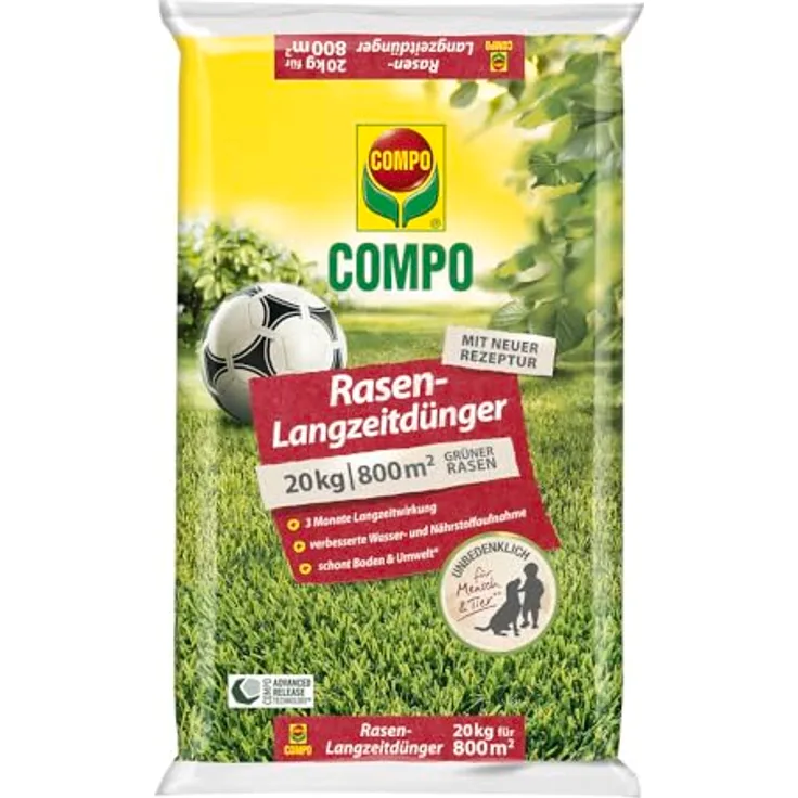 COMPO Rasendünger Premium, 20 kg für 800 m², mit 3 Monaten Langzeitwirkung, tierfreundlich für Frühjahr und Sommer