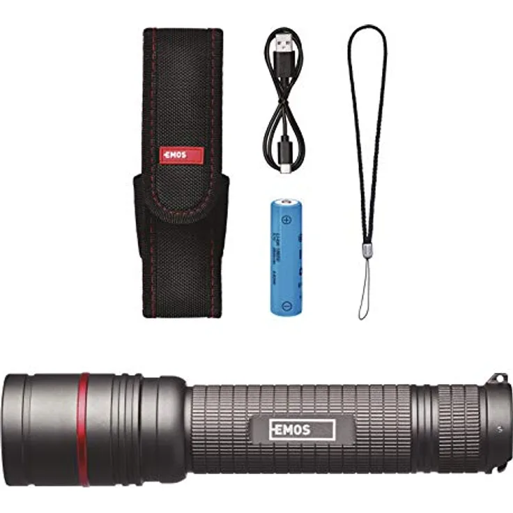 EMOS aufladbare Metall-Taschenlampe mit Fokus, superhelle 600 lm CREE-LED taktische Handlampe mit 230 m Leuchtweite, wasserdichte Akku-Handlampe mit 3 Lichtmodi, Band und Beutel, schwarz, ULTIBRIGHT