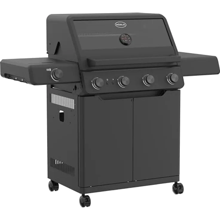 RÖSLE Gasgrill ALLFLAME Prime 4 – 4 Brenner (je 3,5 kW), PRIMEZONE, Vario+ Grillrostsystem, 70x45 cm Grillfläche, Gusseisenroste, Alu-Druckguss, Deckel mit Glaseinsatz, beleuchtete Drehknöpfe, schwarz