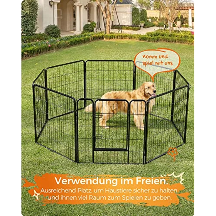 Feandrea Freilaufgehege Hund, Hundelaufstall DIY, 8 Gitterplatten je 77 x 80 cm, 2 L-förmige Riegel, transportabel, Hundezaun, für innen und Outdoor, extra große Hunde, schwarz PPK88H – Bild 4