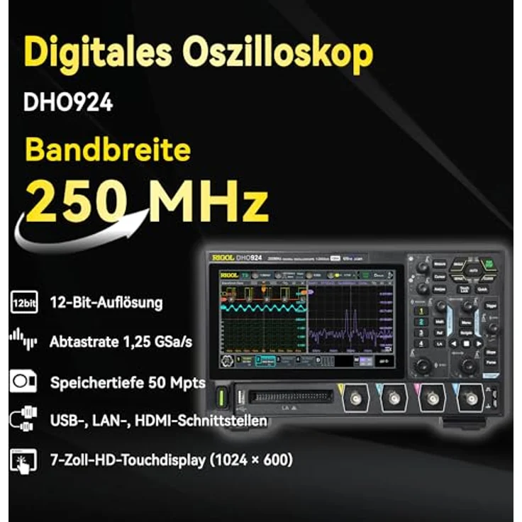 RIGOL DHO924 Tragbares digitales Oszilloskop, 250 MHz Bandbreite, 4 analoge und 16 digitale Kanäle, 12 Bit Auflösung, Bode-Plot-Analyse, 7 Zoll HD-Touchscreen – Bild 2