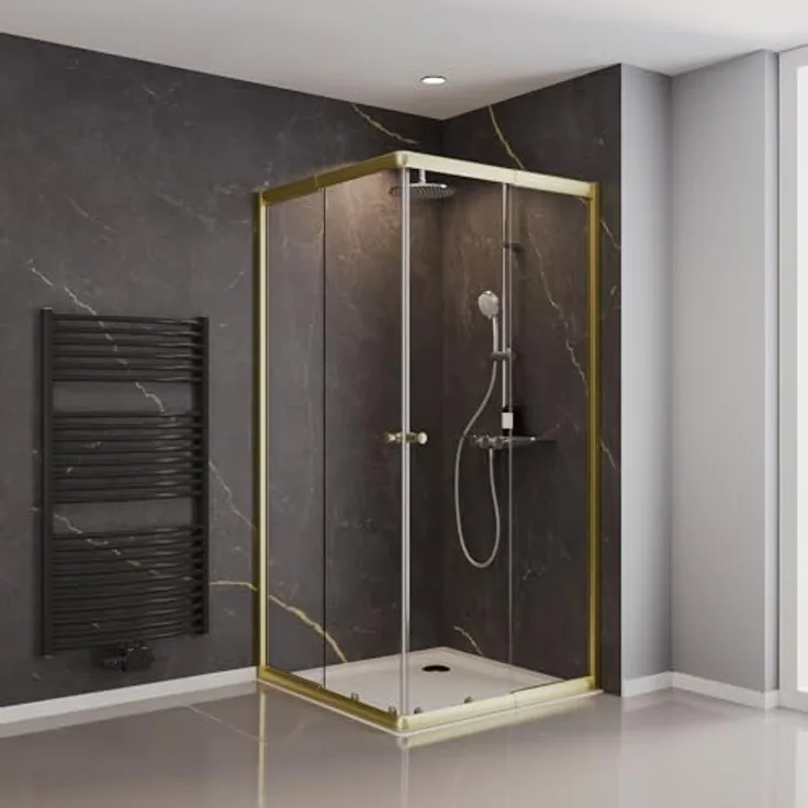 Schulte Duschkabine Sunny Eckeinstieg mit Schiebetüren, 180 cm hoch, variabel montierbar (75x75, 80x80, 90x90, 75x90 cm), 4 mm Sicherheitsglas, Goldoptik matt S1