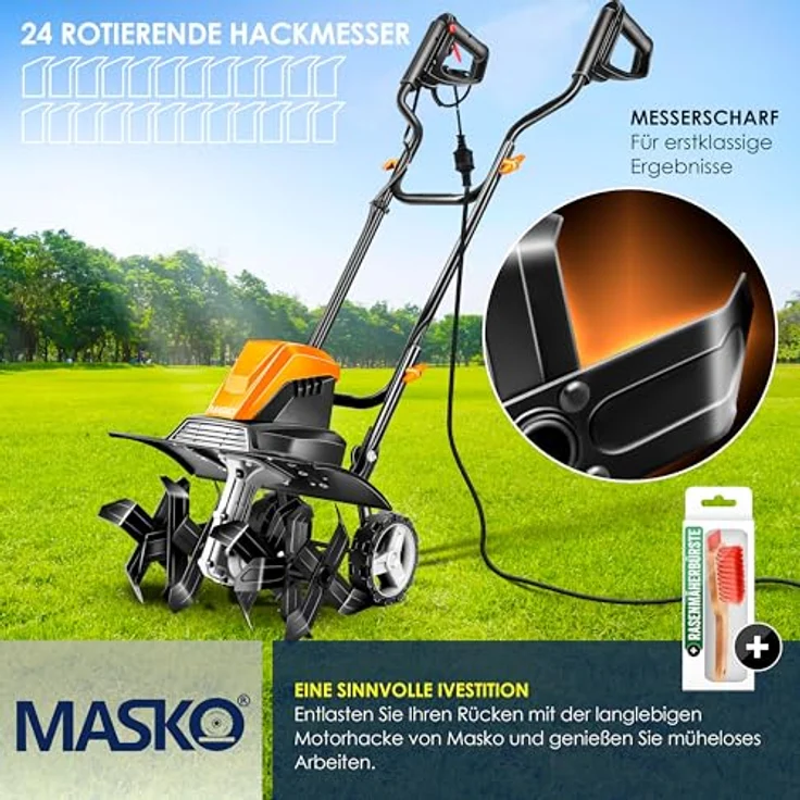 MASKO elektrische Motorhacke 1500 Watt, 40cm Arbeitsbreite 20cm Arbeitstiefe, klappbarer Handgriff, Metallgehäuse, Transporträder Orange - Preisvergleich – Bild 4