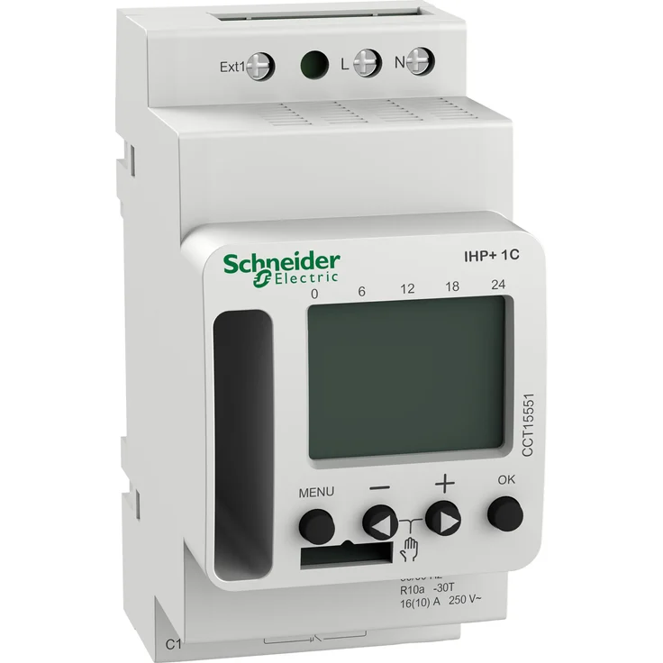 Schneider Electric CCT15551, digitale Zeitschaltuhr mit 84 Speicherplätzen, Programmierung über Smartphone-App, integrierter Betriebsstundenzähler, Montage auf Hutschienen, IP20 Schutzart
