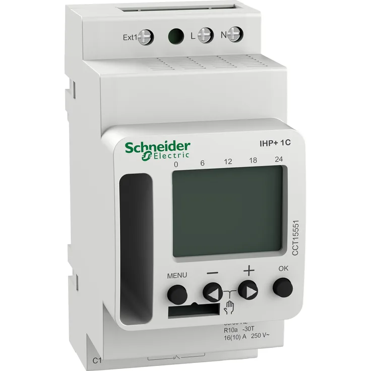 Schneider Electric CCT15551, digitale Zeitschaltuhr mit 84 Speicherplätzen, Programmierung über Smartphone-App, integrierter Betriebsstundenzähler, Montage auf Hutschienen, IP20 Schutzart