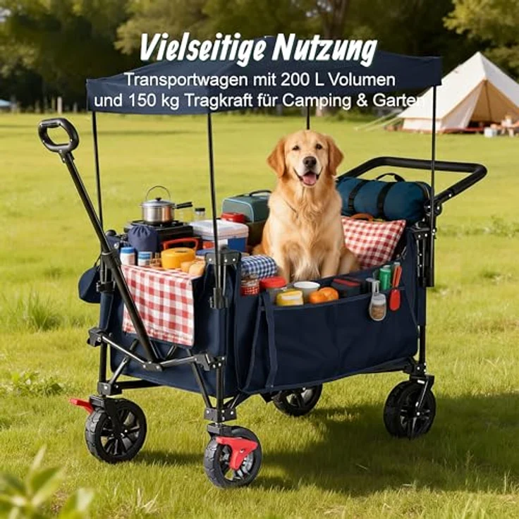 Relaxdays Bollerwagen, faltbar, 150 kg Traglast, mit Dach und Teleskop- & Schiebegriff, blaue Gummireifen mit Bremse, Transportwagen – Bild 2
