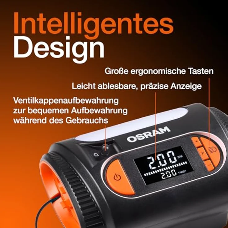 Osram OTI2120 Kompressor TYREinflate 2120, schneller Reifenfüller mit digitalem Display und Auto-Stopp-Funktion, 3 m Kabel, flexibel 60 cm Schlauch – Bild 4