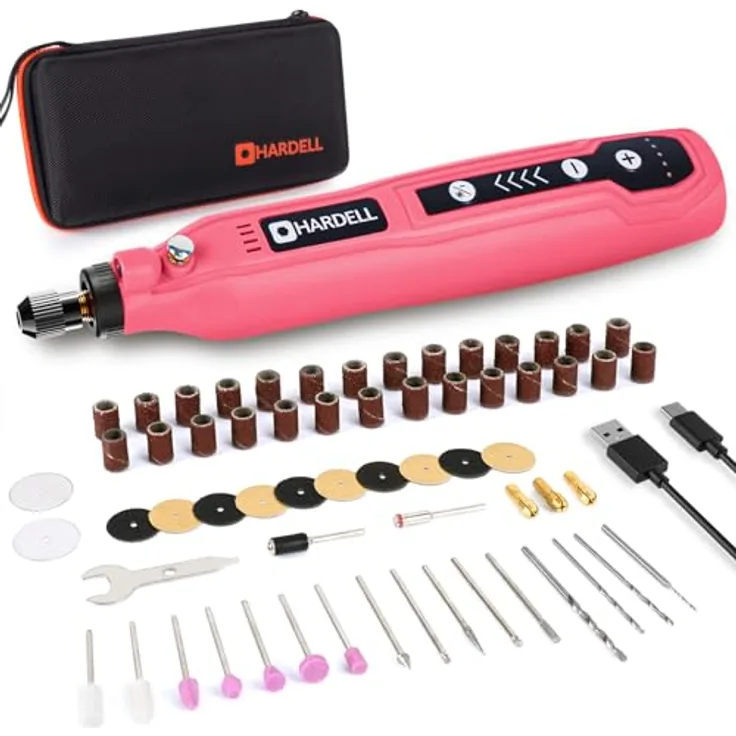 HARDELL Mini Akku Rotationswerkzeug, 5 Geschwindigkeiten (5000-18000 U/min), 3,7V mit LED, 69-teiliges Zubehörset für Gravur von Resin, Holz und Glas (pink)