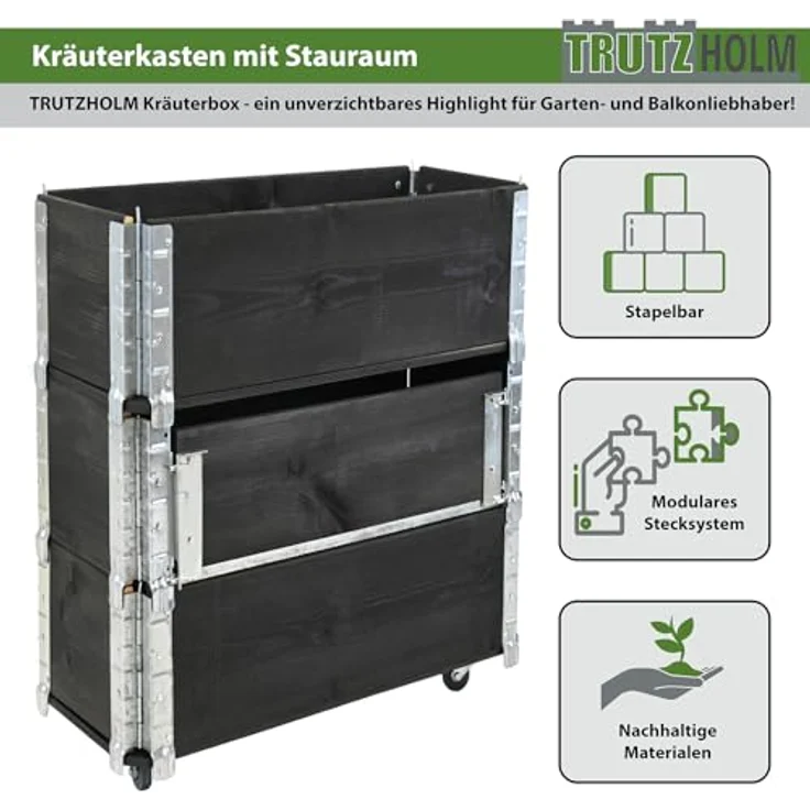TRUTZHOLM Hochbeet aus Holz Kräuterbeet mobiler Einsatz Feststellbremsen 80x30x68 cm für Garten und Balkon, mit Stauraum Fach, teilbar, flexibel, Rollbrett – Bild 2