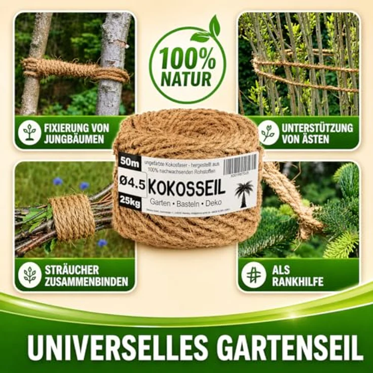deli4you Kokosseil 4.5 mm x 50 m, ungebleichtes Gartenseil aus biologisch abbaubaren Kokosfasern, stabil und knotenfest für Pflanzenbinder und Baumbinder – Bild 2