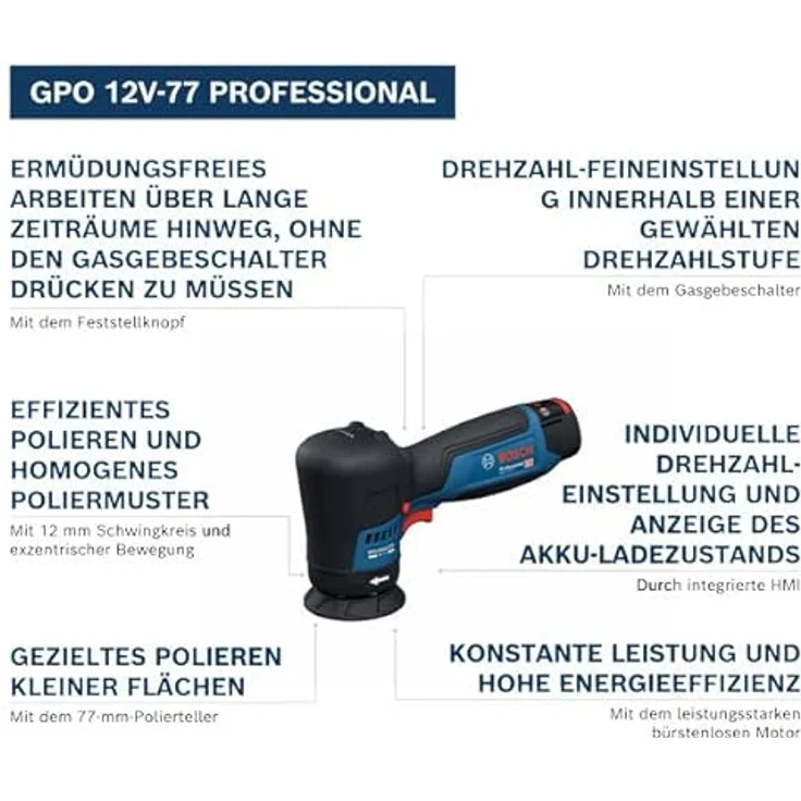 Bosch Professional GPO 12V-77, Akku-Poliermaschine mit bürstenlosem Motor, 5-stufiger Geschwindigkeitsauswahl und 77mm Polierteller – Bild 3