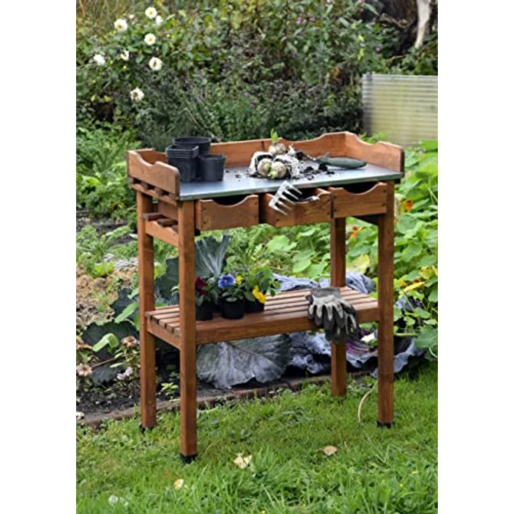 dobar 29030e Praktischer Pflanztisch mit 3 Schubladen und 2 Ablageflächen aus imprägniertem Kiefernholz, 80 x 40 x 90 cm – Bild 7