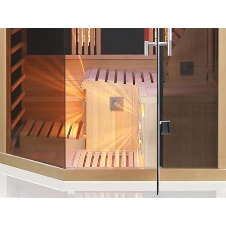 Dewello Infrarotkabine OTTAWA 140x120 Wärmekabine, bis zu 2 Personen, 6 Vollspektrumstrahler, mit Farblichttherapie, Ionisator mit Ozondesinfektion und Aromatherapie, USB-Anschluss & Bluetooth, Hemlockholz, BxTxH: 140 x 120 x 190 cm – Bild 6