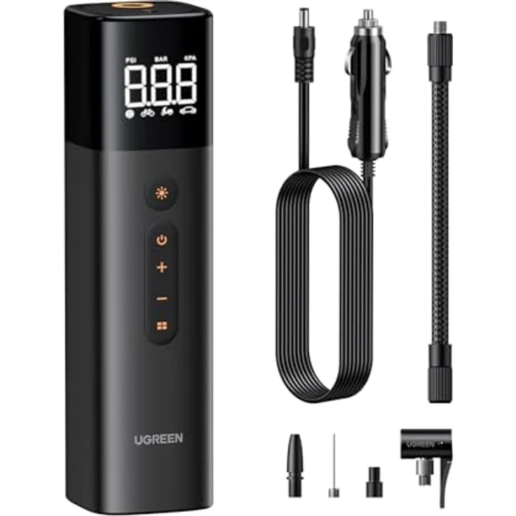 UGREEN Luftpumpe 12V, Elektrischer Kompressor mit digitaler Anzeige, 0.2-10.3bar / 3-150psi, tragbare Reifenpumpe für Fahrräder, Motorräder und Autos mit LED Licht