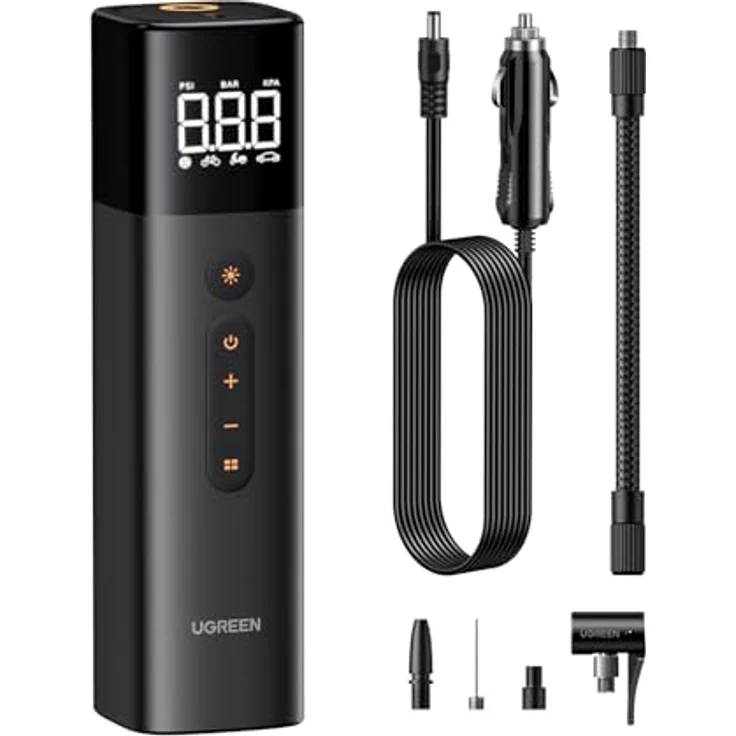 UGREEN Luftpumpe 12V, Elektrischer Kompressor mit digitaler Anzeige, 0.2-10.3bar / 3-150psi, tragbare Reifenpumpe für Fahrräder, Motorräder und Autos mit LED Licht – Bild 1