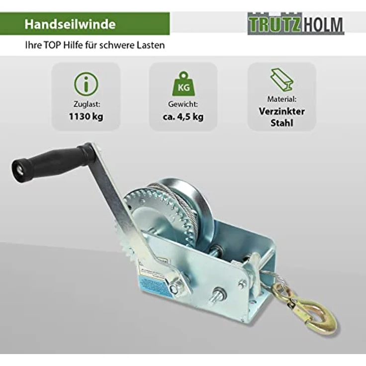 TRUTZHOLM Handseilwinde 1130 kg, 10 m, stabile Stahlkonstruktion mit zweifacher Übersetzung und 23 cm Kurbelarm – Bild 2