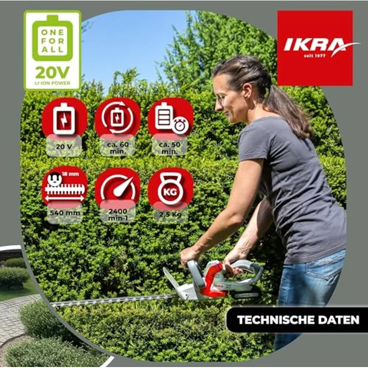 IKRA Akku Heckenschere IAHS 20-1, 20V, 54 cm Schnittlänge, 18 mm Schnittstärke, inkl. 2 Akkus (2,0 & 2,5 Ah) & Schnelllader, kabellos mit Schnellstop und Antivibrationssystem – Bild 5