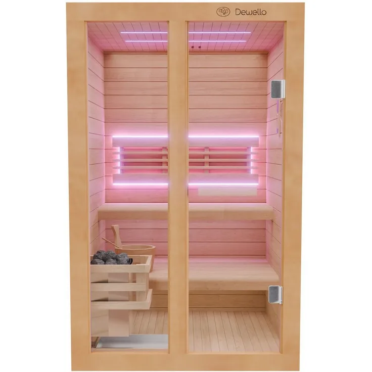 Dewello Sauna TOFINO 120x140 Finnische Sauna, 2 Personen, Saunaofen Harvia 3,5KW, Hemlockholz, BxTxH: 120 x 140 x 190 cm