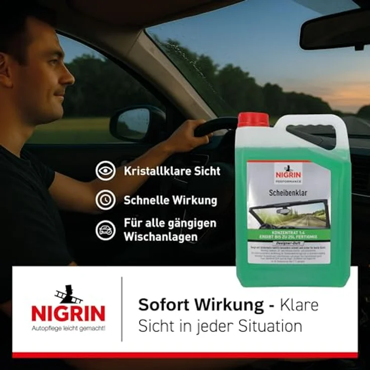 NIGRIN Scheibenklar Konzentrat 1:4, Reinigungszusatz für Autoscheiben und Scheinwerfer, 5 Liter, entfernt Insekten, Öl und Fett streifen- und schlierenfrei, mit Griffmulde, ab 5°C, Designer Duft – Bild 3