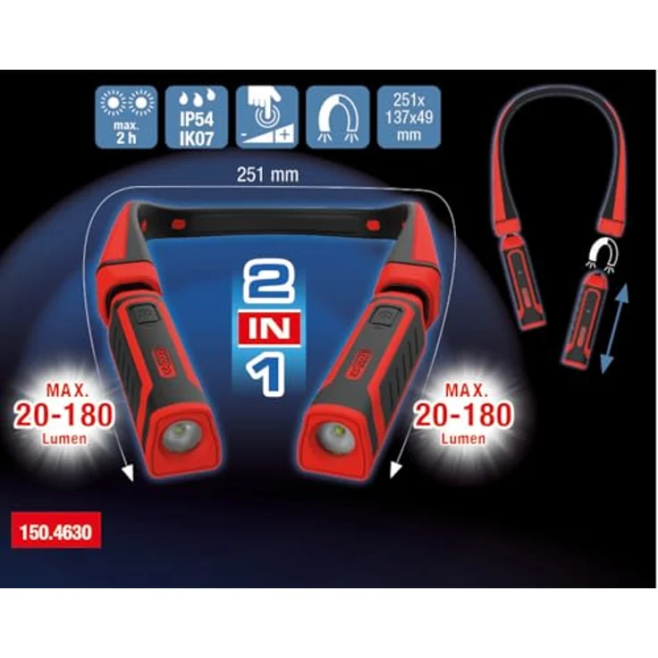 KS Tools 150.4630 eQi UltimateBEAM 2in1 Nackenleuchte, spritzwassergeschützt, inkl. 2 abnehmbaren Arbeitsleuchten je 180 Lumen – Bild 2